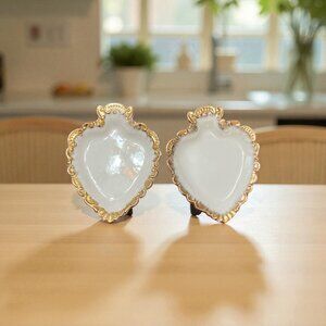 Porcelain Gold Leaf Spade Shape Ivory Dish Trinket Set of 2 Gold Trim Antique